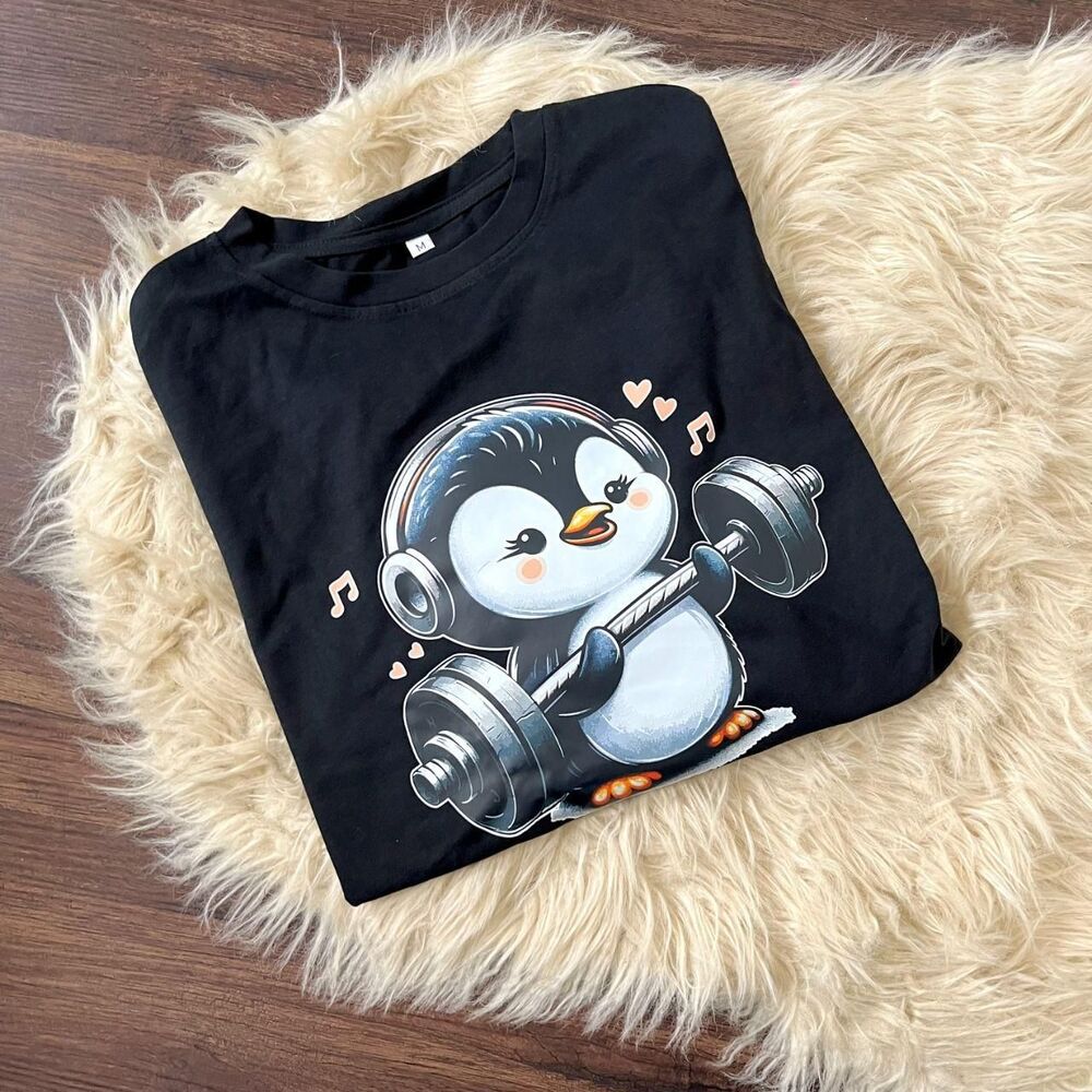 Weight Lifting Penguin Graphic Crop Top Cotton M Black Multi Workout Shirt